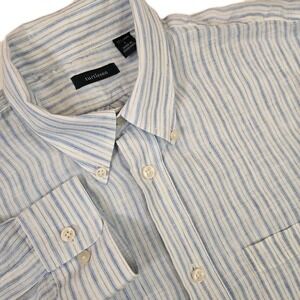 Turtleson Men's Long Sleeve Button Down Linen Shirt Blue White Stripe Size LARGE